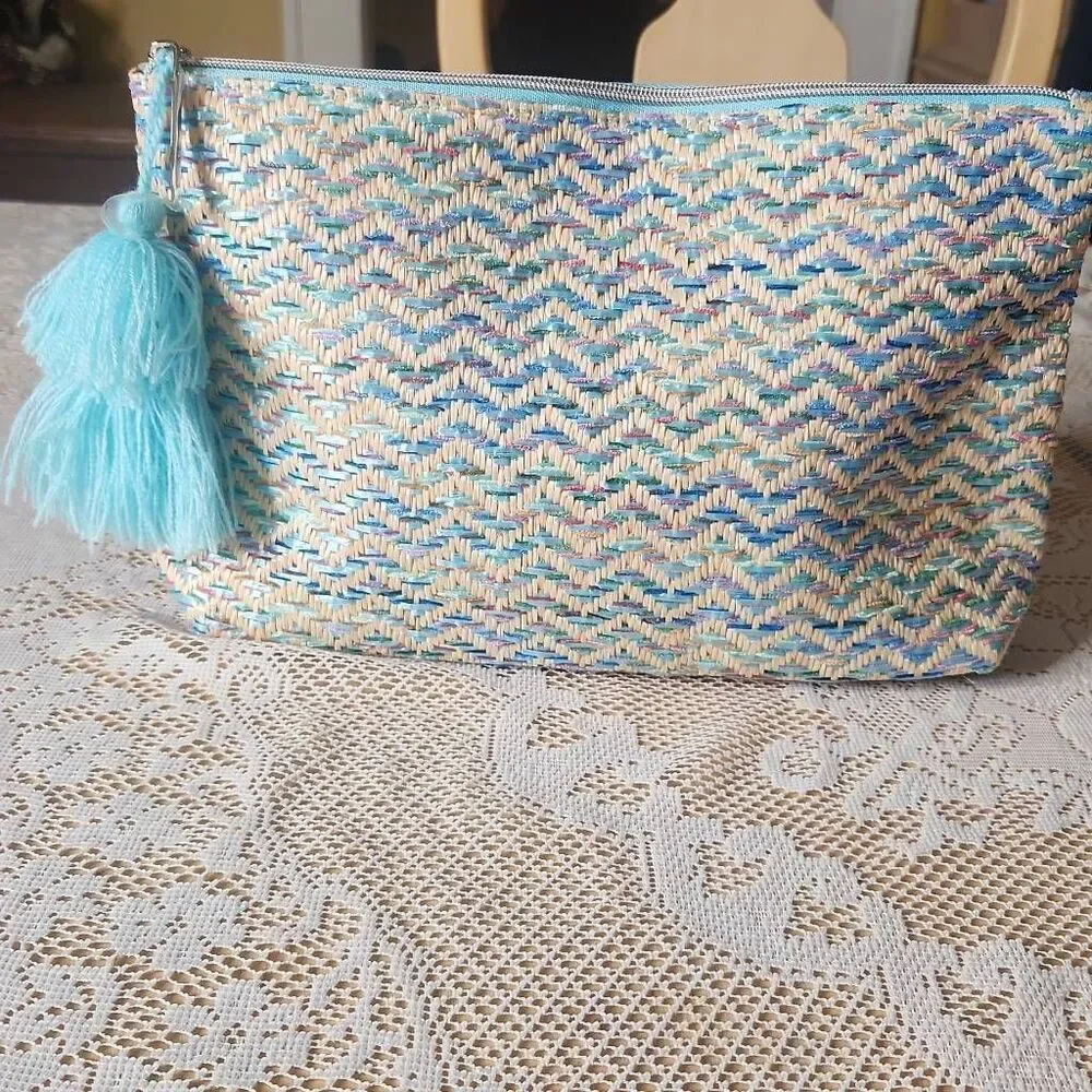 Lancome paris aqua blue woven straw cosmetic bag